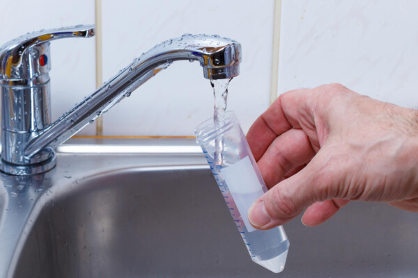 Someone collecting drinking water in a vial for testing