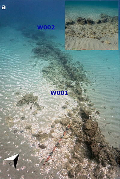 Among other architecture, researchers excavated two adjoining walls (W001 and W002) at the submerged village of Habonim North. 