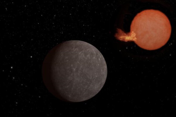 Artist's view of exoplanet SPECULOOS-3 b orbiting its star. The planet is as big as the Earth, while its star is slightly larger than Jupiter, but much more massive.