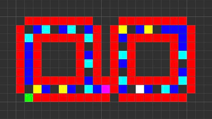 In this computer simulation of a self-replicating structure, the pink square represents the signal to degrade the connection between the “parent” structure (left) and its “offspring” (right). This degradation is an example of a beneficial instability in biological structures. 