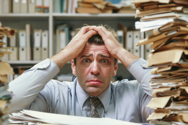 stressed out office worker in pile of paper