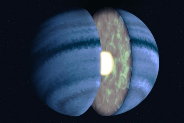 An artist’s concept of WASP-107 b shows turbulent atmospheric mixing within the planet’s gas envelope.