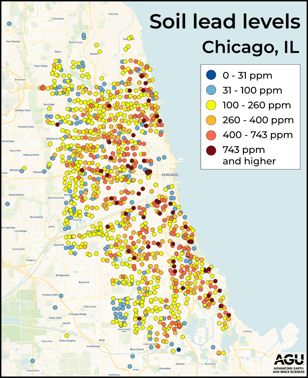 Lead levels in soil samples in Chicago