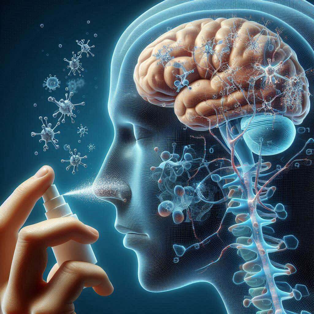 Depiction of nasal spray being used to clear Alzheimer's proteins from brain.