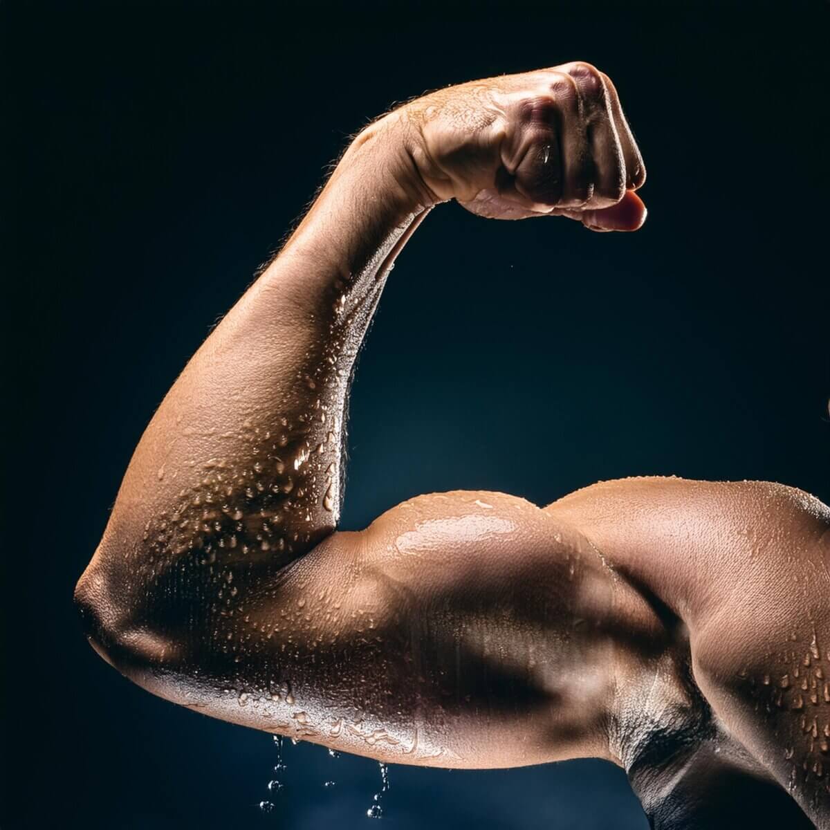 Closeup of bicep flexed with water dripping off of it