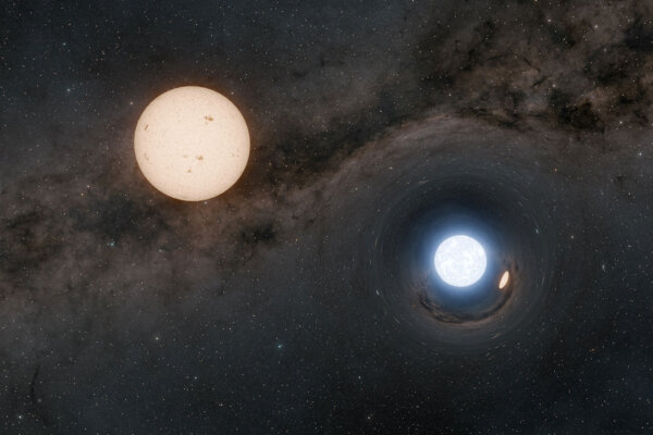 This illustration depicts a binary star system consisting of a dense neutron star and a normal Sun-like star (upper left).