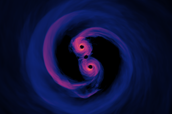 Simulation of the light emitted by a supermassive black hole binary system where the surrounding gas is optically thin (transparent).