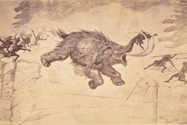 Prehistoric humans hunt a woolly mammoth. More and more research shows that this species – and at least 46 other species of megaherbivores – were driven to extinction by humans.
