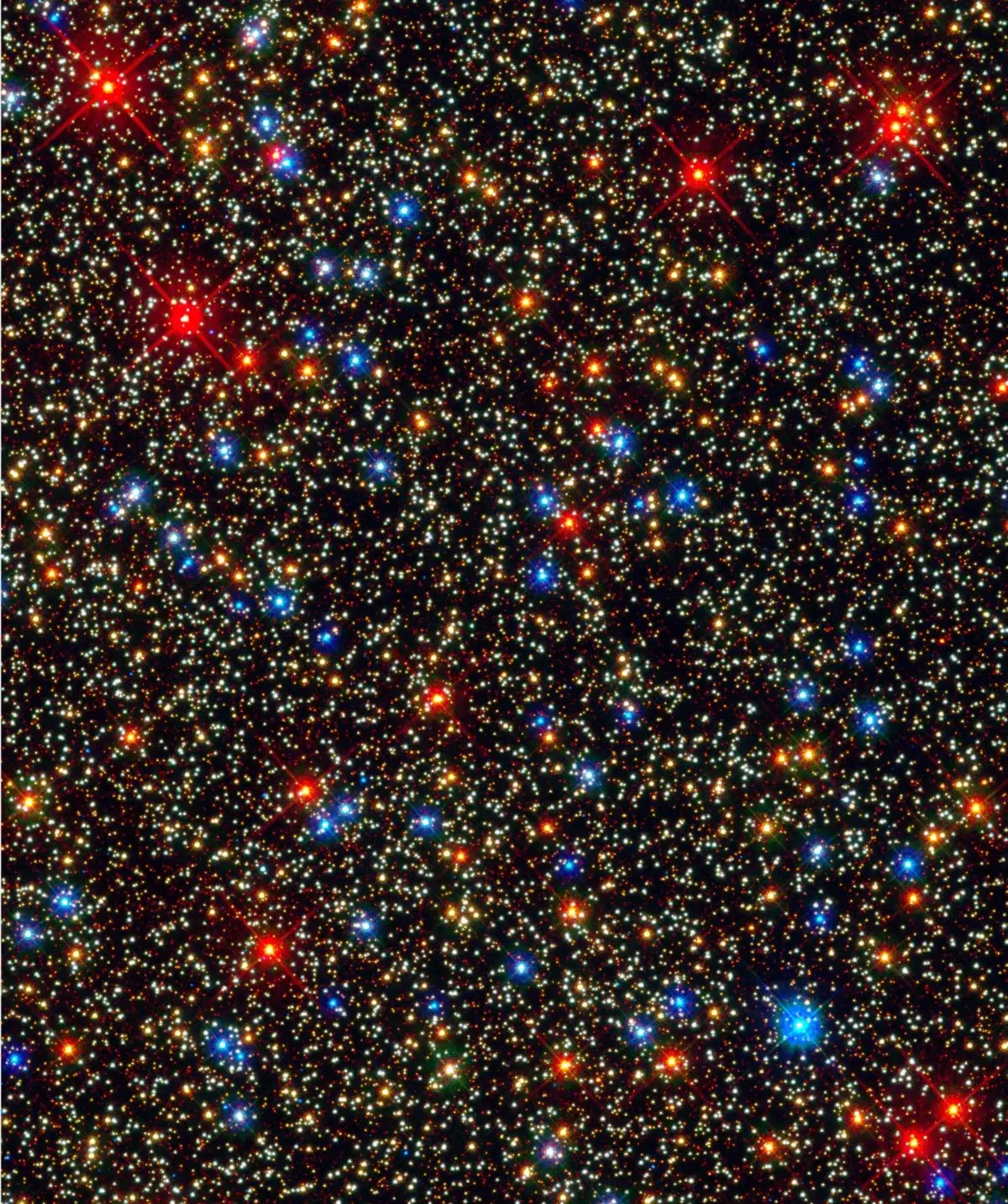 NASA's Hubble Space Telescope snapped this panoramic view of a colorful assortment of 100,000 stars residing in the crowded core of the giant star cluster Omega Centauri.