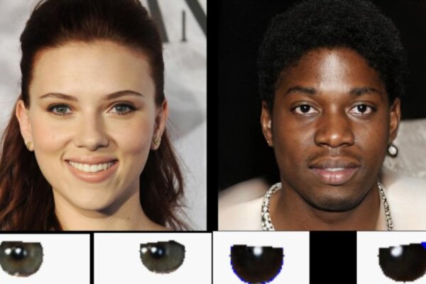 In this image, the person on the left (Scarlett Johansson) is real, while the person on the right is AI-generated. Their eyeballs are depicted underneath their faces.
