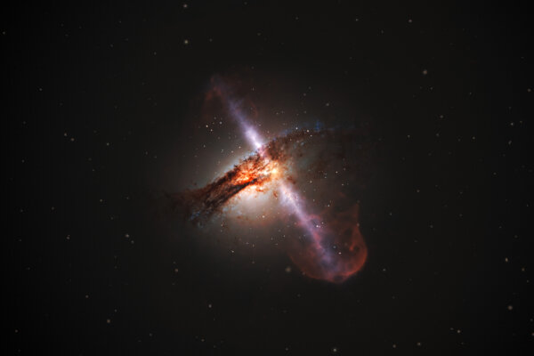 An artist’s impression showing bi-polar jets of gas originating from a supermassive black hole at the centre of a galaxy.