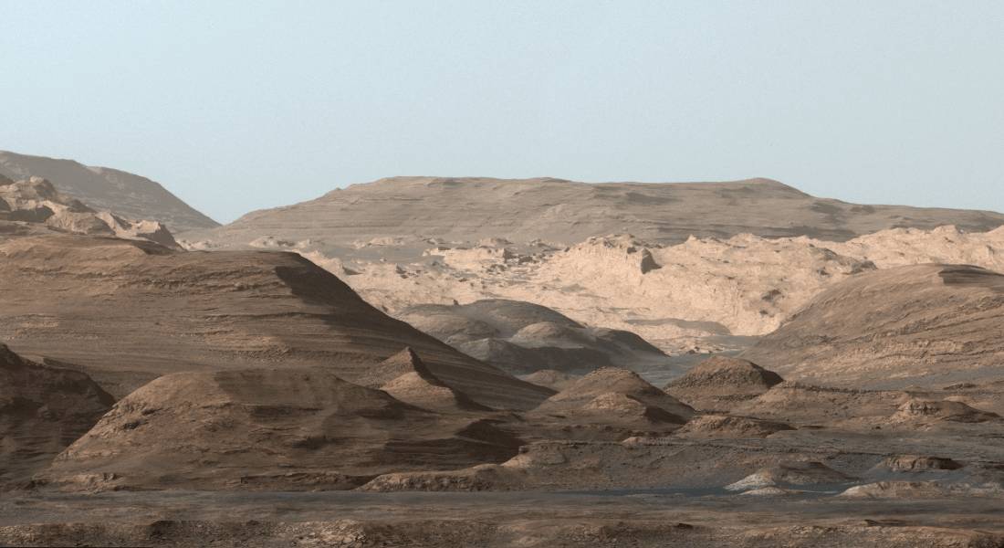 Mount Sharp in the center of Gale Crater where organic material was found by Curiosity Rover