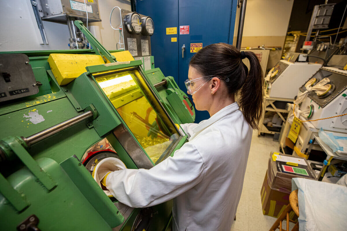 Jen Wacker processes a sample of actinium at Berkeley Lab