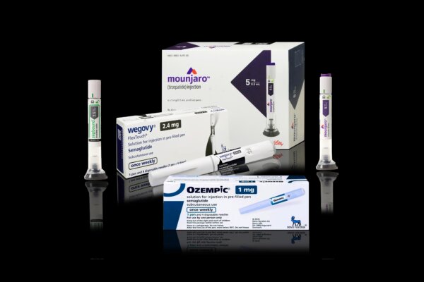 Injection pens and packaging boxes of weight-loss and type 2 diabetes medication Mounjaro, Wegovy, Ozempic, Zepbound