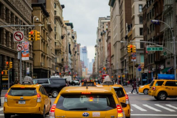 Yellow taxi cabs in NYC traffic