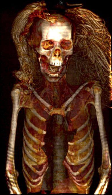 The Screaming Woman mummy, wearing her wig