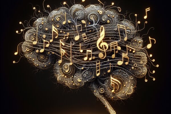 brain made from gold musical notes