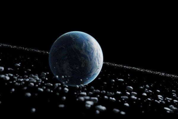 Artist's impression of Earth with a ring of rocks in space.