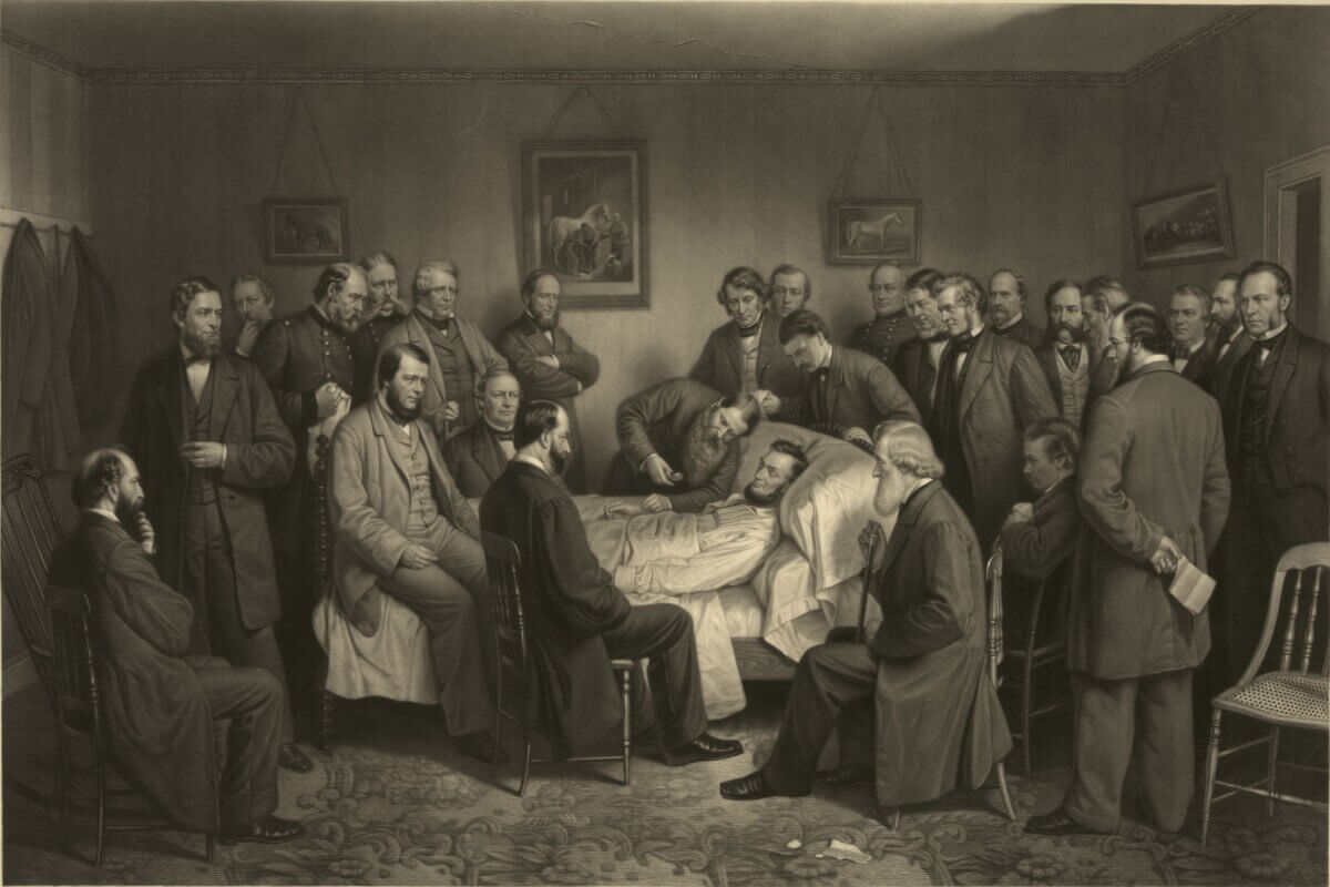 Death of Lincoln on April 15, 1865 in a commemorative print by A.H. Ritchie, made in 1875.