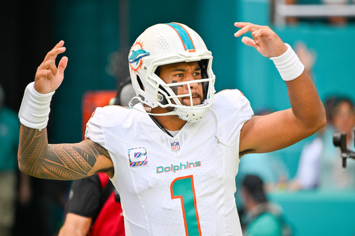 Miami Gardens, FLUSA - October 08, 2023: Tua Tagovailoa starting QB(1) leaves the tunnel on his way to the field.. Miami Dolphins vs. NY Giants at HardRock Stadium.