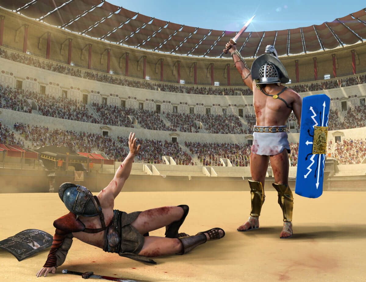 Gladiator fight in an ancient Roman colosseum.