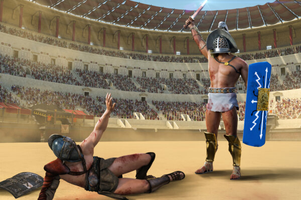 Gladiator fight in an ancient Roman colosseum.