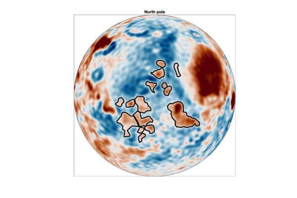 Map highlighting the dense gravitational structures in the northern hemisphere of Mars