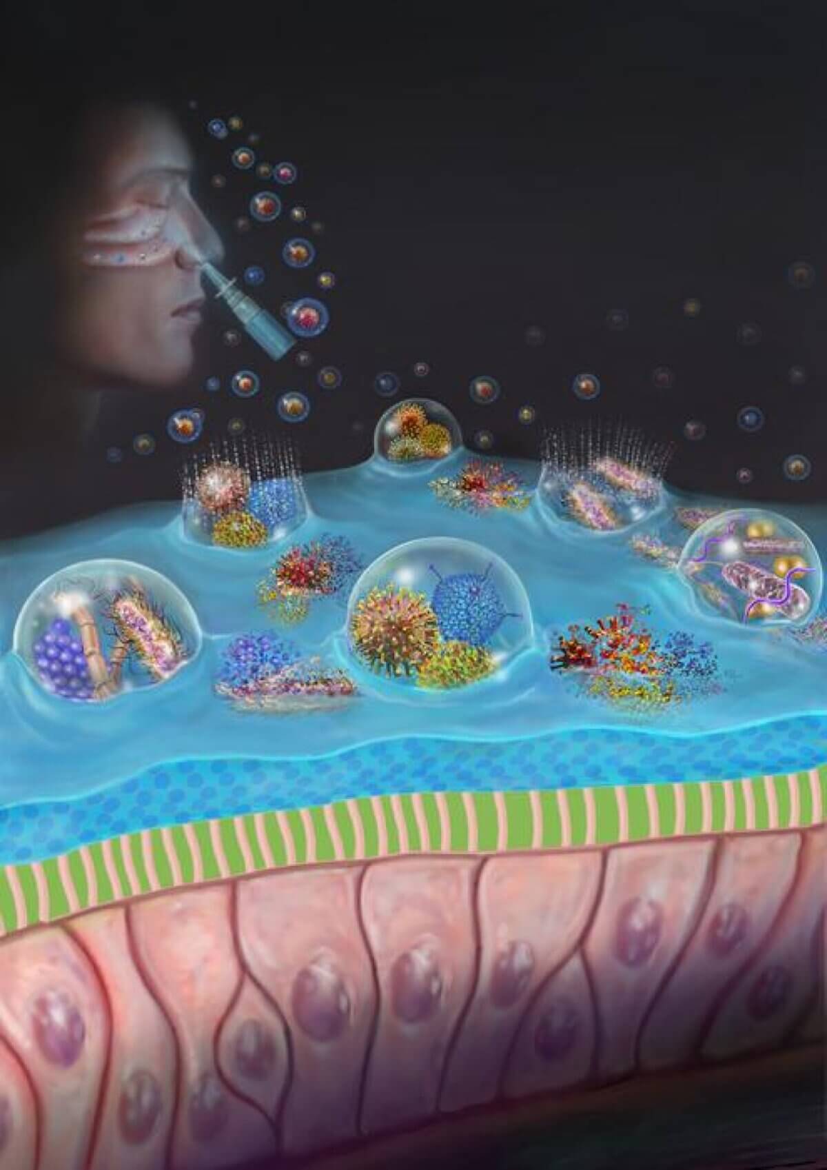 Pathogens inhaled along with respiratory droplets enter through the nasal lining, causing respiratory infections. Brigham researchers have developed a pathogen capture and neutralizing spray (PCANS), which coats the nasal cavity, capturing large respiratory droplets and serving as a physical barrier against a broad spectrum of viruses and bacteria, while effectively neutralizing them. 