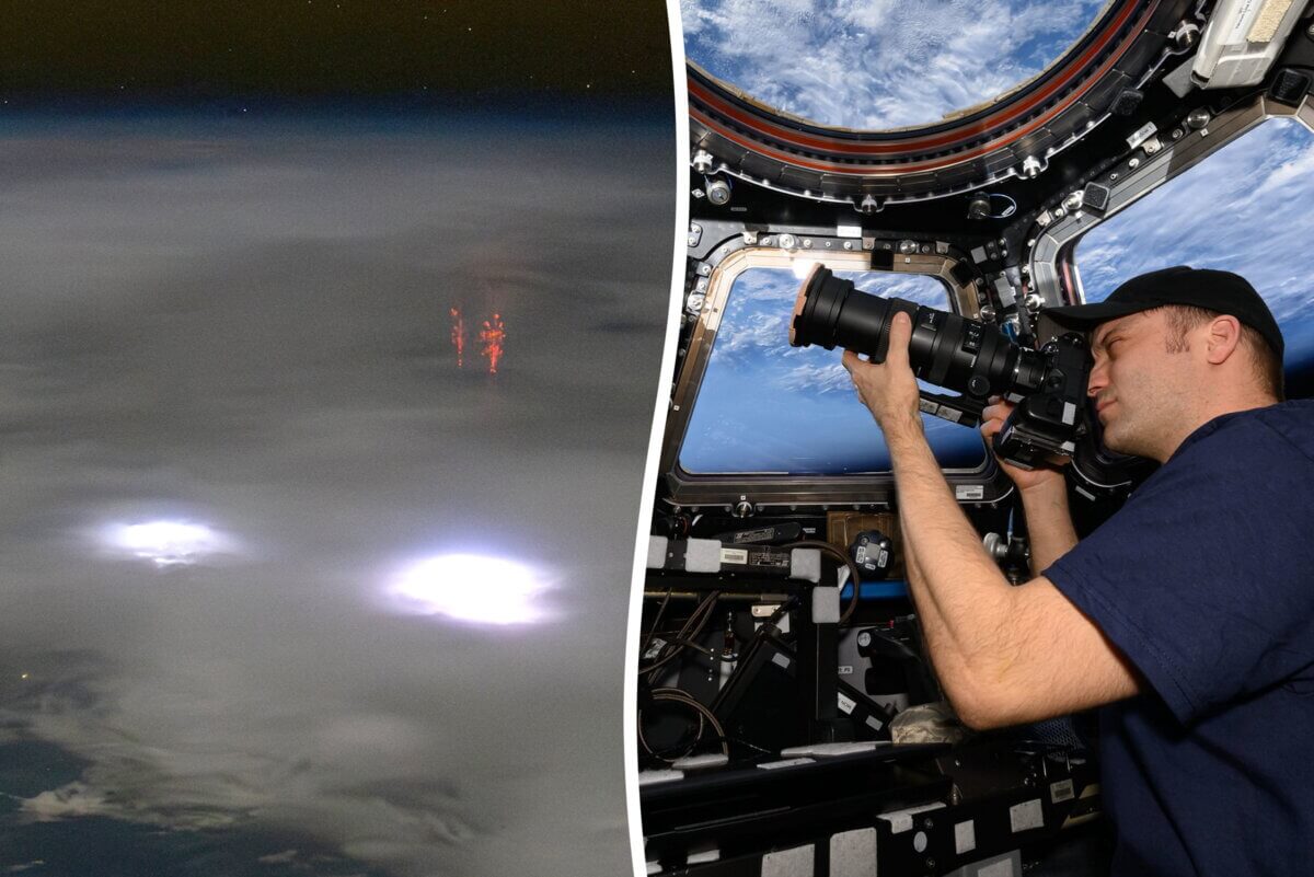 Red sprite above storms over central Africa in October 2024. Matthew Dominick on the International Space Station. 
