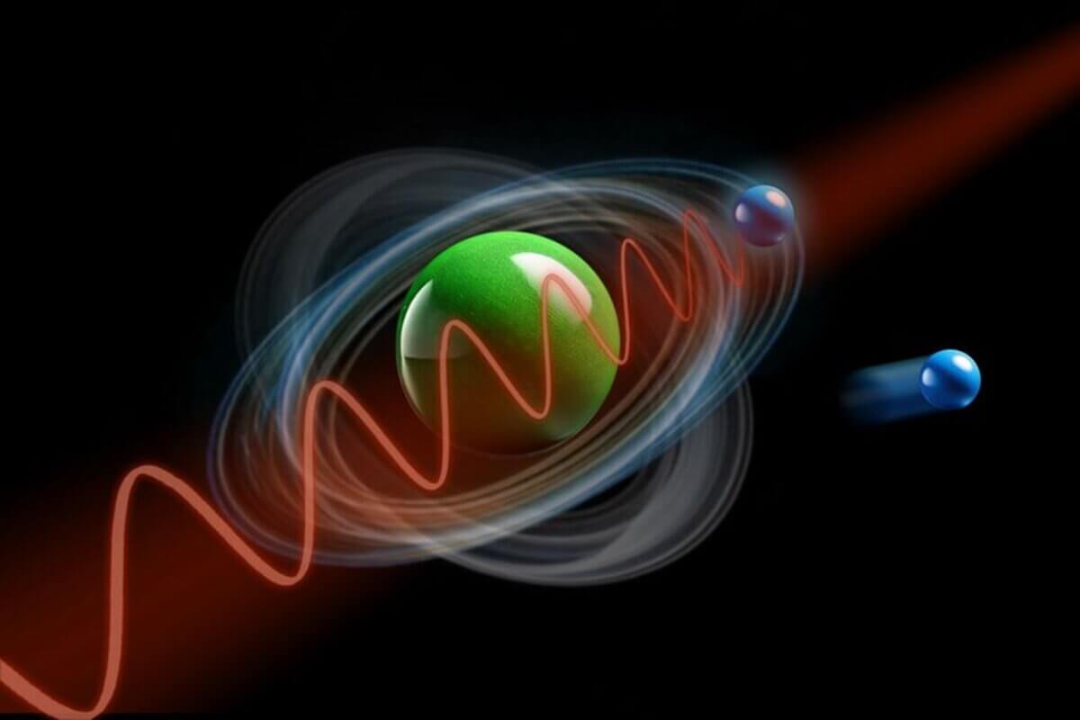 An atom is hit by a laser pulse. One electron is ripped out of the atom, another electron is shifted into a state with higher energy