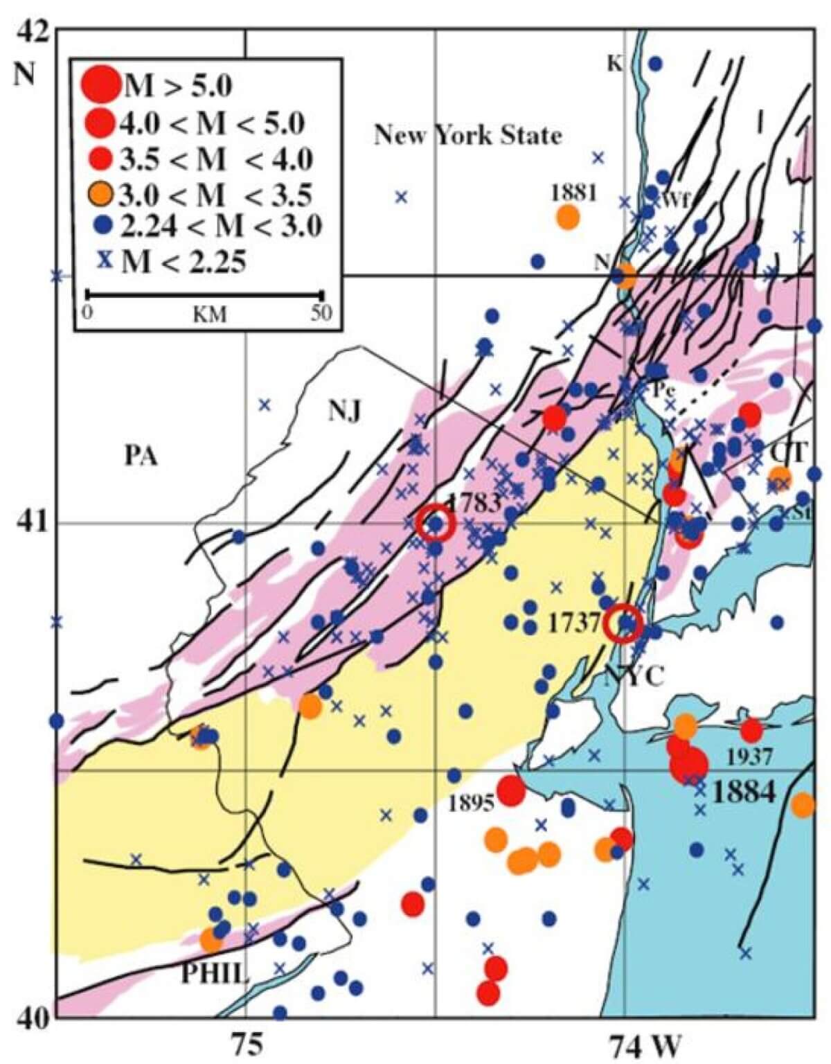 Recorded Philadelphia-New York-southwestern Connecticut area earthquakes, 1683-2008. Only three are thought to have equaled or exceeded the April 5 quake, in 1737, 1783 and 1884. 