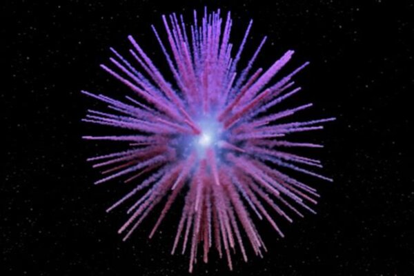 An artist’s concept of a supernova remnant called Pa 30—the leftover remains of a supernova explosion that was witnessed from Earth in the year 1181. Unusual filaments of sulfur protrude beyond a dusty shell of ejected material. The remains of the original star that exploded, now a hot inflated star which may cool to become a white dwarf, are seen at the center of the remnant. The Keck Cosmic Web Imager (KCWI) at the W.M. Keck Observatory in Hawai‘i has mapped the strange filaments in 3-D and shown that they are flying outward at approximately 1,000 kilometers per second.