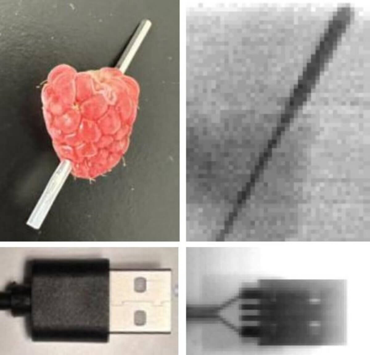 A new X-ray detector produces a high-quality radiograph that shows a metal needle (top right) and the interior of a USB drive (bottom right) using lower doses of electromagnetic radiation than previous detectors. 