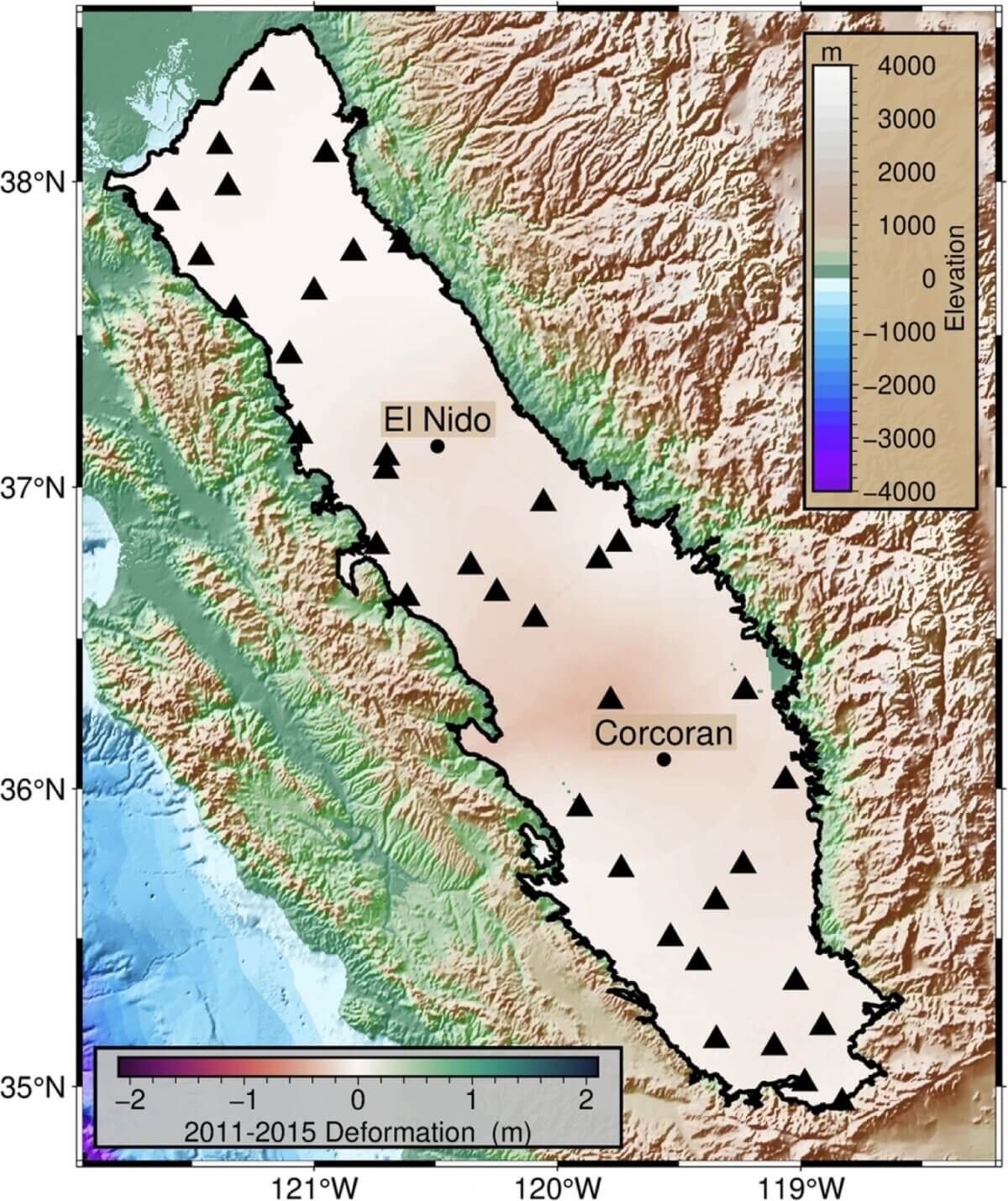 Station locations at which the measurements were obtained are shown as black triangles and “Methods 3” section describes the interpolation process. The black outline shows the San Joaquin Valley; colors inside this outline represent the deformation, whereas colors elsewhere show the elevation. When compared with the subsidence maps in Fig. 1, the subsidence in this interpolated map is spatially diffuse, which we consider to be unrealistic. 
