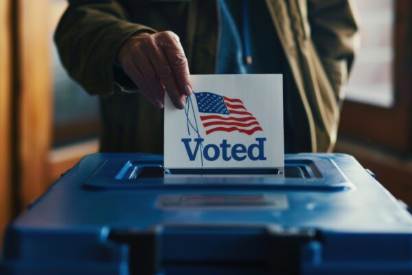Voter putting "I Voted" ballot into ballot box on election day