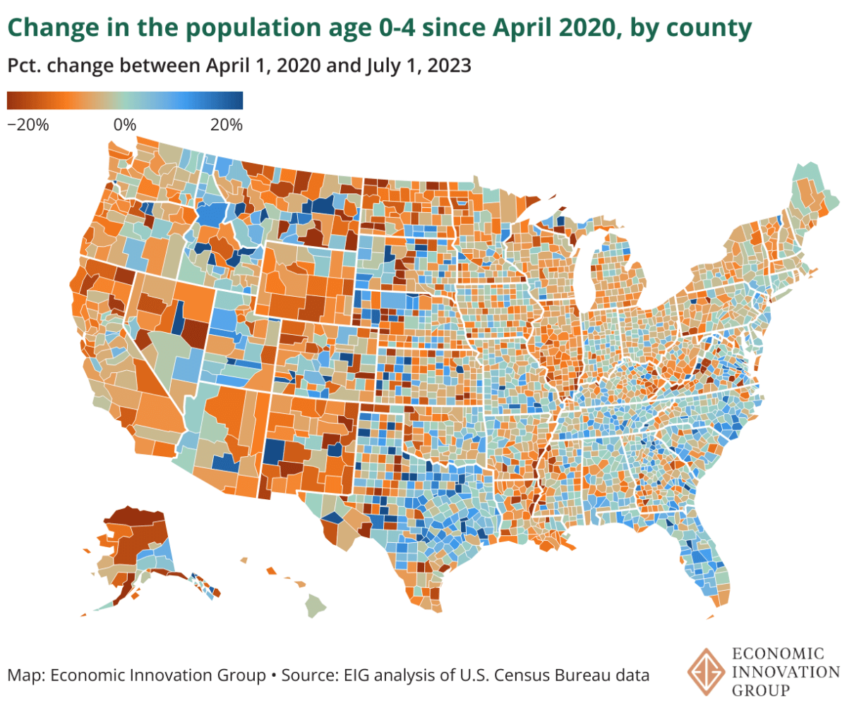Change in the population age 0-4 since April 2020, by county