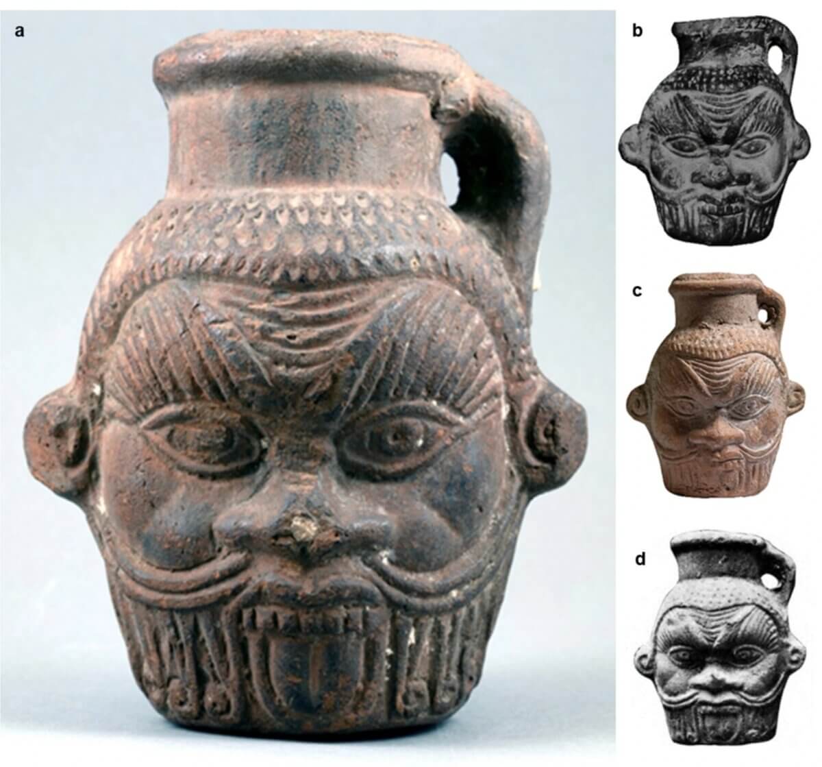 (a) Drinking vessel in shape of Bes head; El-Fayūm Oasis, Egypt; Ptolemaic-Roman period (4th century BCE − 3rd century CE), (courtesy of the Tampa Museum of Art, Florida). (b) Bes mug from the Ghalioungui collection, 10.7 × 7.9 cm (Ghalioungui, G. Wagner 1974, Kaiser 2003, cat. no. 342). (c) Bes mug inv. no. 14.415 from the Allard Pierson Museum, 11.5 × 9.3 cm (courtesy of the Allard Pierson Museum, Amsterdam; photo by Stephan van der Linden). (d) Bes mug from El-Fayum, dimensions unknown (Kaufmann 1913; Kaiser 2003, cat. no. 343). 