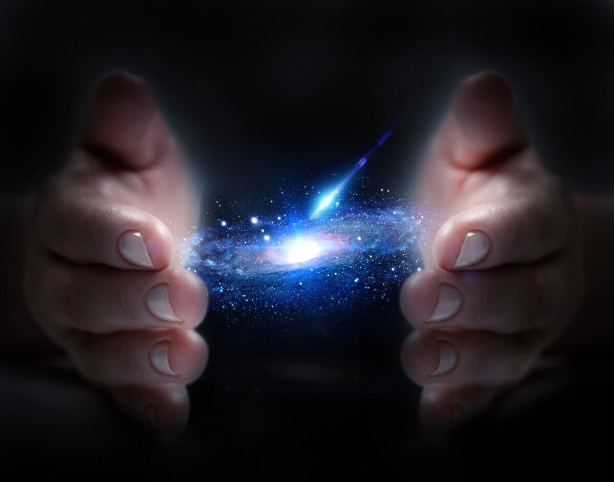 Hands around a galaxy universe