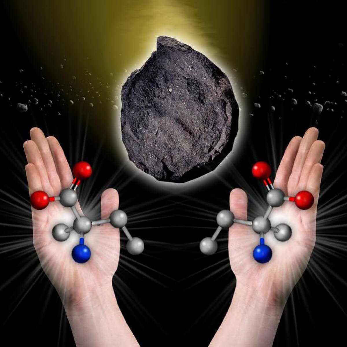 A diagram of left-handed and right-handed versions of the amino acid isovaline, found in the Murchison meteorite. 