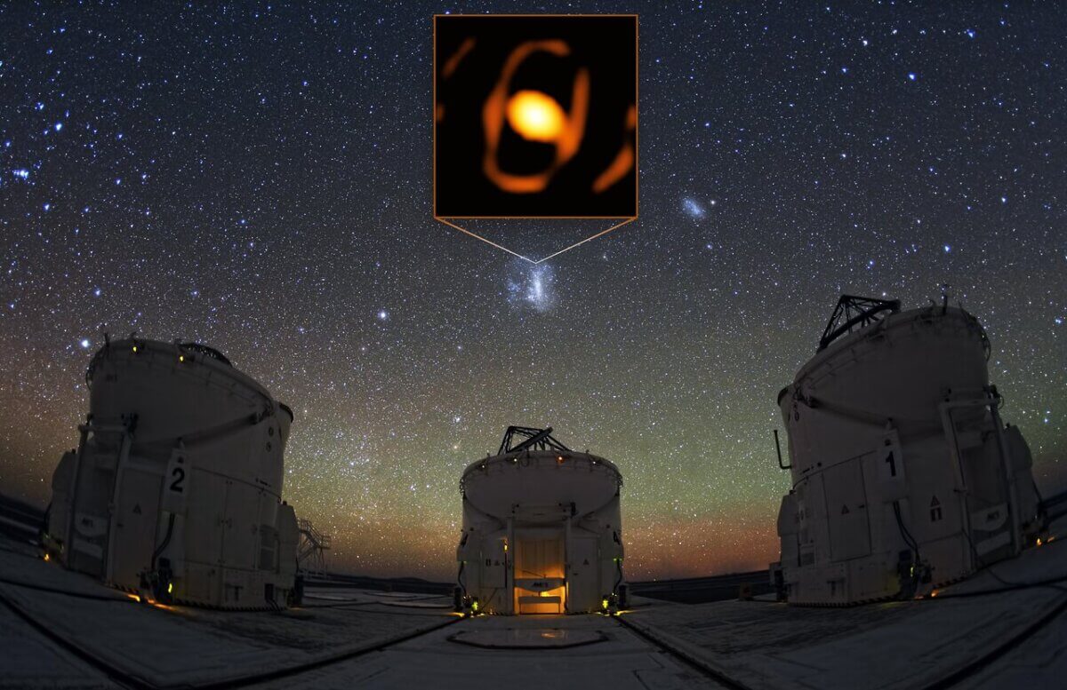 The Large Magellanic Cloud is a satellite galaxy to the Milky Way, located 160 000 light-years away from us. Despite the staggering distance, the GRAVITY instrument of the European Southern Observatory’s Very Large Telescope Interferometer (ESO’s VLTI), managed to take a closed-up picture of the giant star WOH G64. This image shows the location of the star within the Large Magellanic Cloud, with with some of the VLTI’s Auxiliary Telescopes in the foreground. 