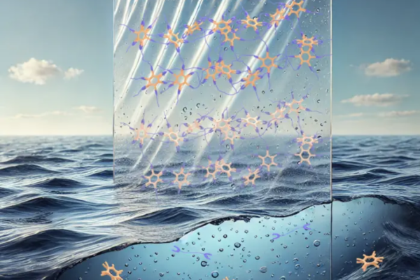 Artistic rendering of the new plastic. Cross linked salt bridges visible in the plastic outside the seawater give it its structure and strength. In seawater (and in soil, not depicted), resalting destroys the bridges, prevending microplastic formation and allowing the plastic to become biodegradable.