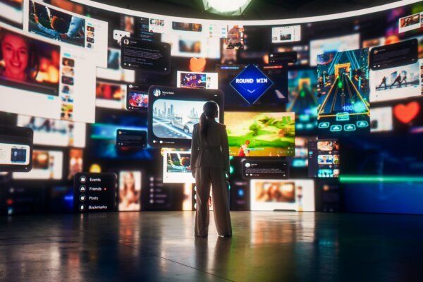 Woman Looking At Animated Stream of Content.