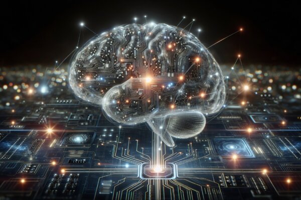 Image depicting a human brain connected to artificial intelligence