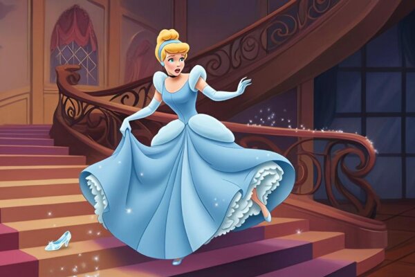 Cinderella loses her shoe on the stairs