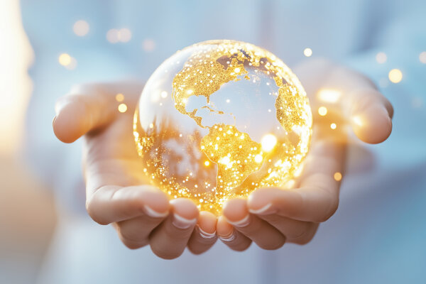 Hands holding golden Earth