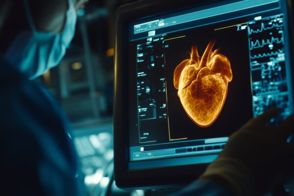 Doctor reviews scan of the heart on a digital monitor