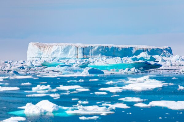 Melting icebergs by the coast of Greenland.
