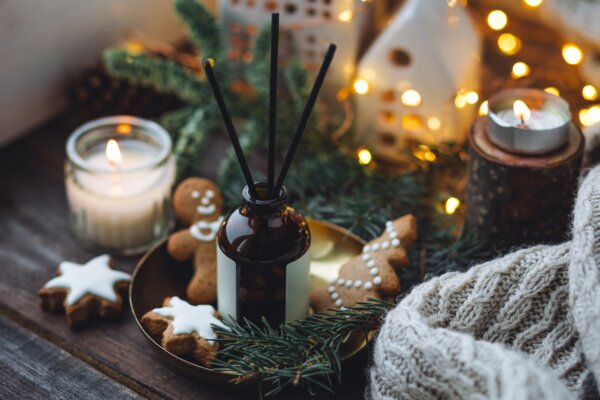 Aromatic home apartment diffuser with the fresh pine fragrance, gingerbread cookies scent.