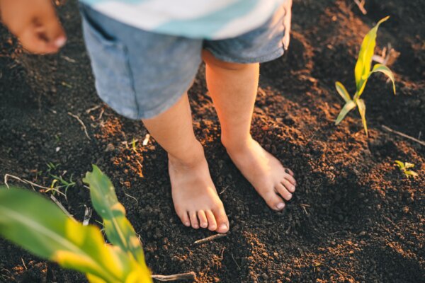 child's bare feet on soil