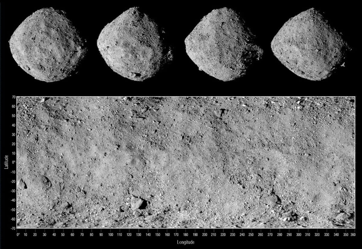 This image shows four views of asteroid Bennu along with a corresponding global mosaic. 
